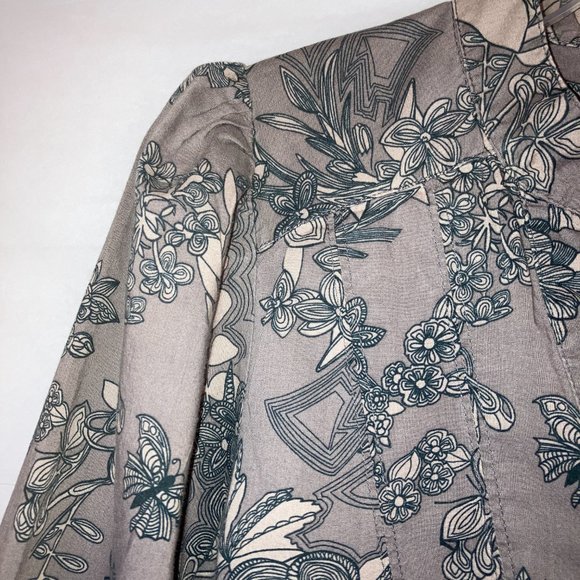 H&M Womens Organic Cotton 3/4 Puff Sleeve Grey Floral Blouse Size 4 - Picture 7 of 12